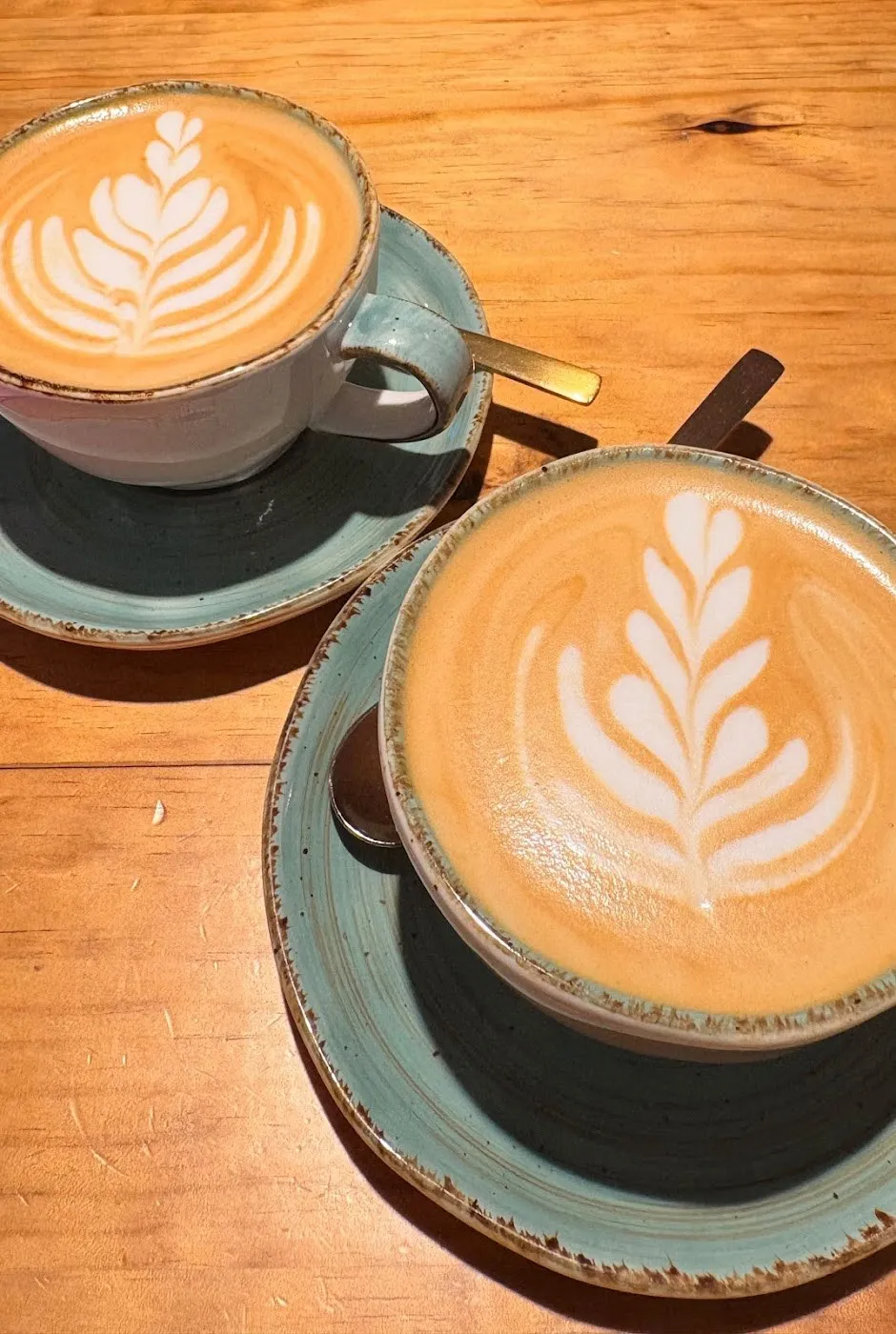 Dos cafés con leche con dibujo de hoja en tazas turquesa sobre una mesa de madera